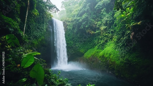 A serene waterfall surrounded by lush greenery in a tropical rainforest.