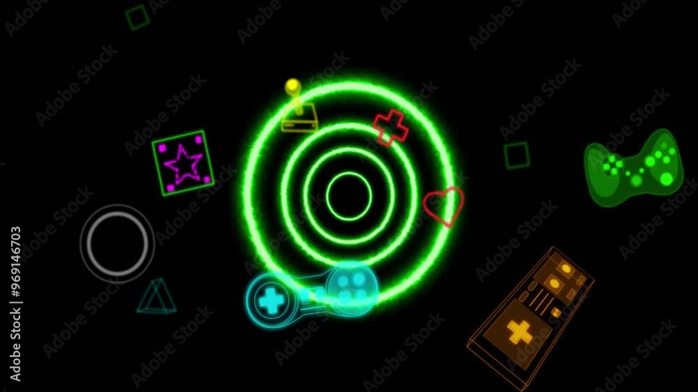 Animation of game icons over neon circles on black background Animation of game icons over neon circles on black background