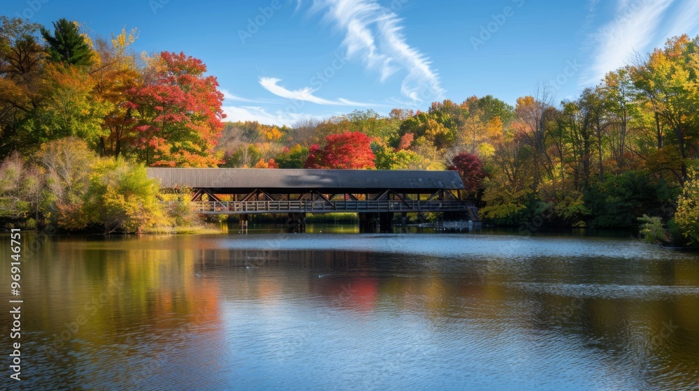 Obraz premium Stunning autumn view of a covered bridge over a calm river with vibrant fall foliage and a clear blue sky.