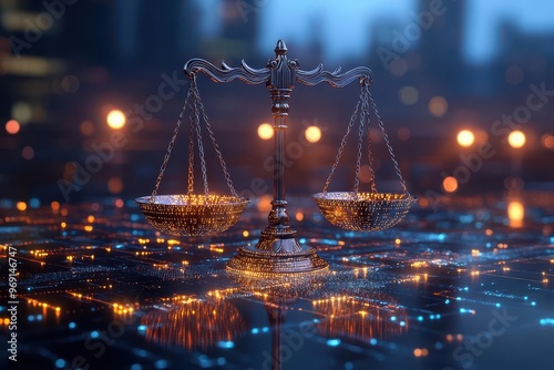 ancient scales of justice amidst futuristic data streams symbolizing the intersection of law and technology in a digital courtroom