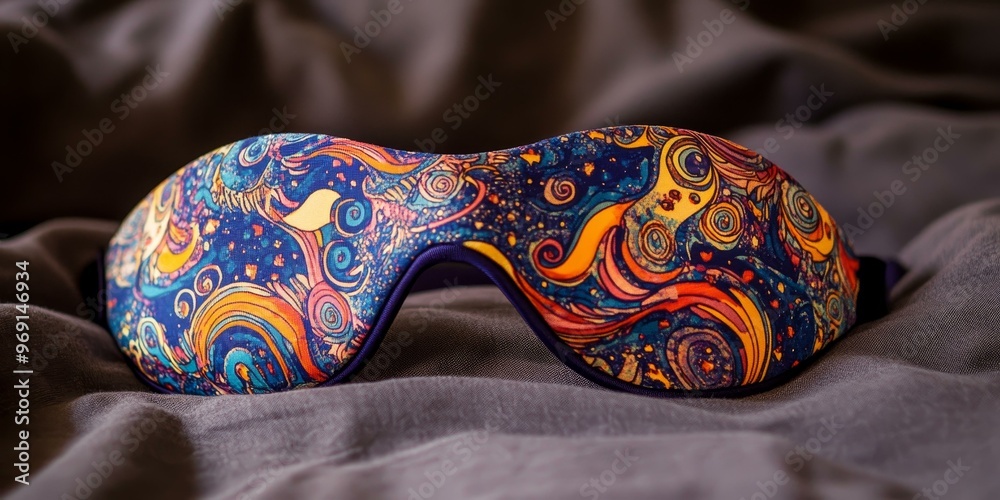 Colorful sleep mask on textured fabric. Colorful sleep mask on textured fabric.