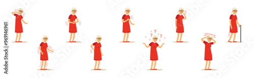 Elderly Woman Character Suffer from Ache in Different Body Part Vector Set