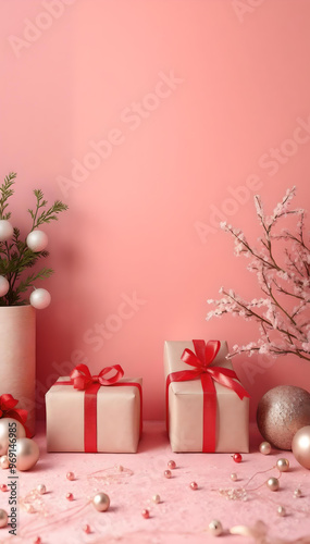 A bunch of Christmas presents lined up against a pink backdrop wall surrounded by decorations