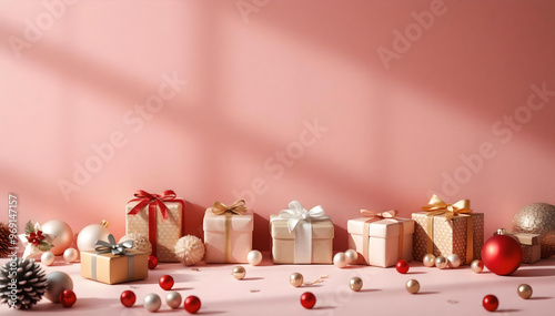 A bunch of Christmas presents lined up against a pink backdrop wall surrounded by decorations