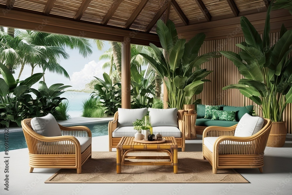 Fototapeta premium 3D Concept of a Paradise-Style Lounge Space with Rattan Seating, Vibrant Indoor Foliage, and a Stylish Bamboo Coffee Table in a Serene Environment