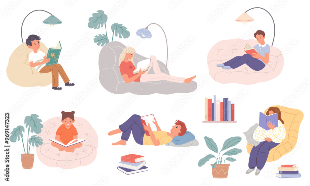 Fototapeta premium Reading children, Various children characters reading in different poses in a cozy home environment. Reading girl and boys in armchair, on sofa, a stack of books and flower. Flat vector illustration.