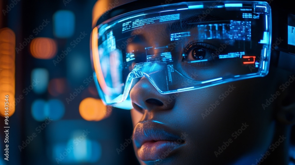 Woman Wearing AR Glasses. Woman Wearing AR Glasses.