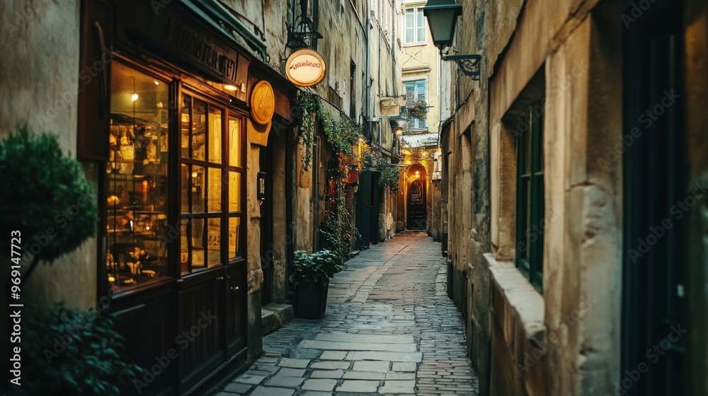 Fototapeta premium A charming narrow alleyway with a shop, illuminated by warm lights.