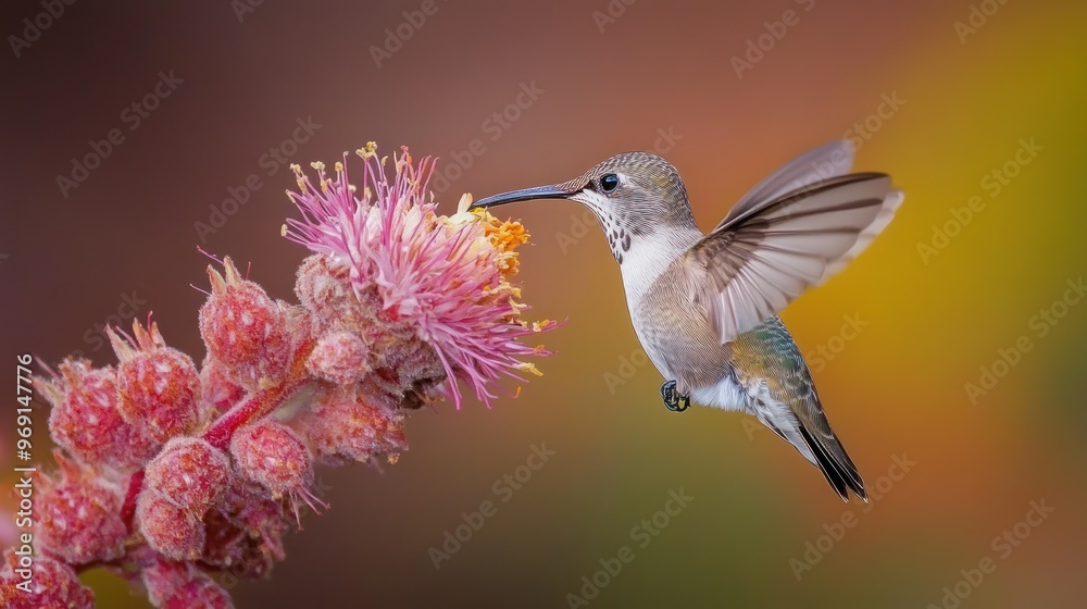 Fototapeta premium A hummingbird hovering near a vibrant flower, showcasing nature's beauty and pollination.