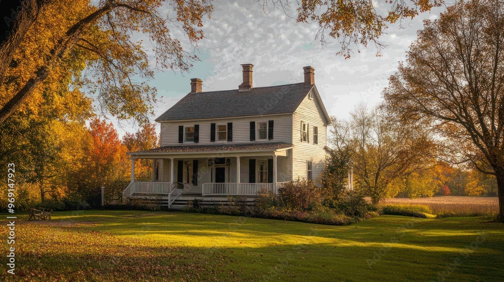A charming house surrounded by autumn foliage and a well-maintained lawn. A charming house surrounded by autumn foliage and a well-maintained lawn.