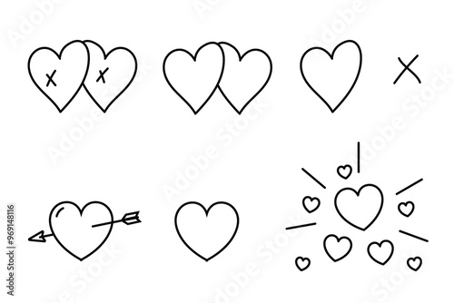 Set of line drawings in the shape of multiple hearts, transparent. Black and white heart effect for designing posters, flyers, business cards, placards on transparent backgrounds.