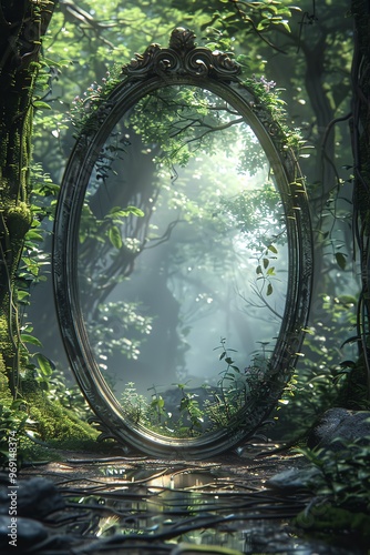 A mystical mirror in a lush forest, surrounded by greenery and soft light, inviting exploration and reflection.