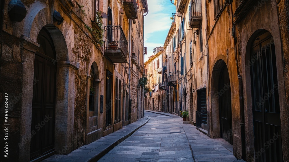 Fototapeta premium A narrow, winding street lined with old buildings under a clear blue sky.