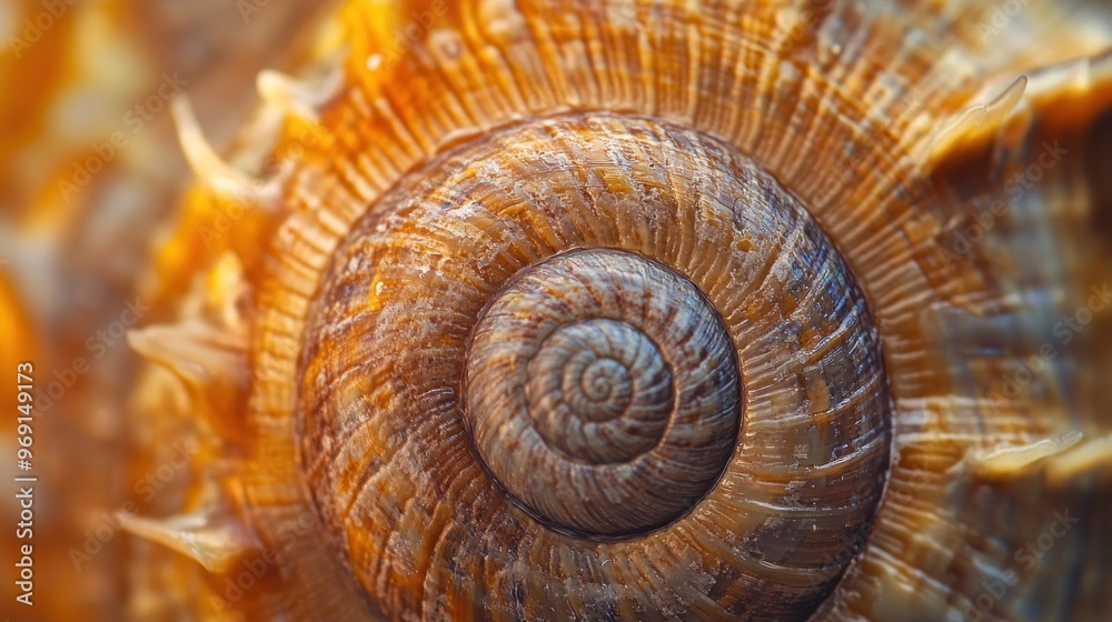 Close-up of a spiral seashell showcasing intricate patterns and textures. Close-up of a spiral seashell showcasing intricate patterns and textures.