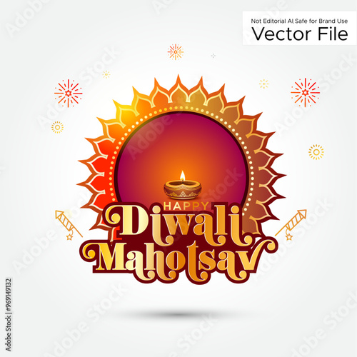 Diwali festivity Logo concept. Indian lights festival Diwali mahotsav text. Decorative traditional vintage template with diya lanterns fireworks background.