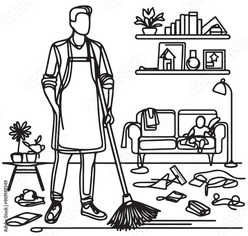 Man cleaning a room on white background. Sketch. Scattered Stuff