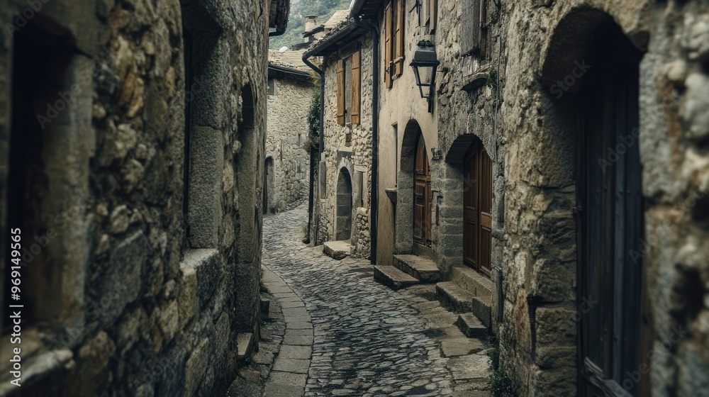 A narrow cobblestone street lined with rustic stone buildings in a quaint village. A narrow cobblestone street lined with rustic stone buildings in a quaint village.