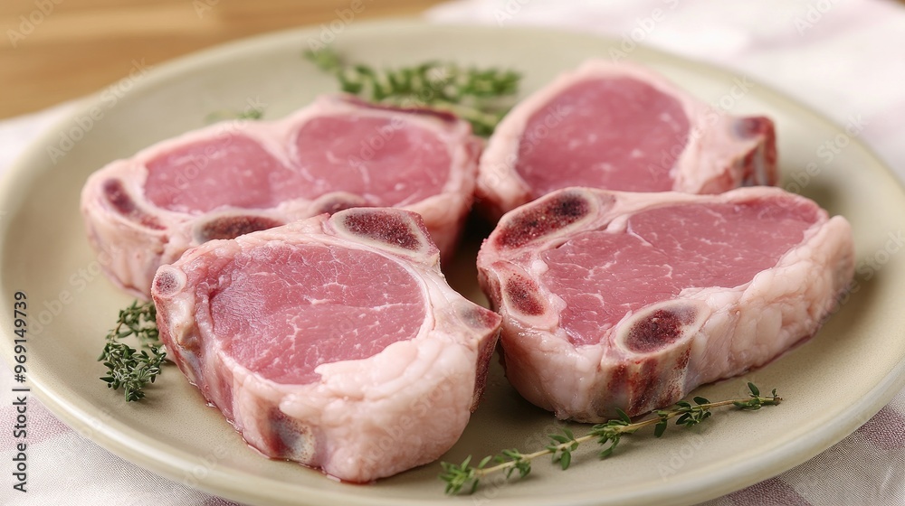 A detailed image of fresh pork chops with bone-in, arranged neatly on a plate or cutting board, showcasing their pink, tender texture. A detailed image of fresh pork chops with bone-in, arranged neatly on a plate or cutting board, showcasing their pink, tender texture.