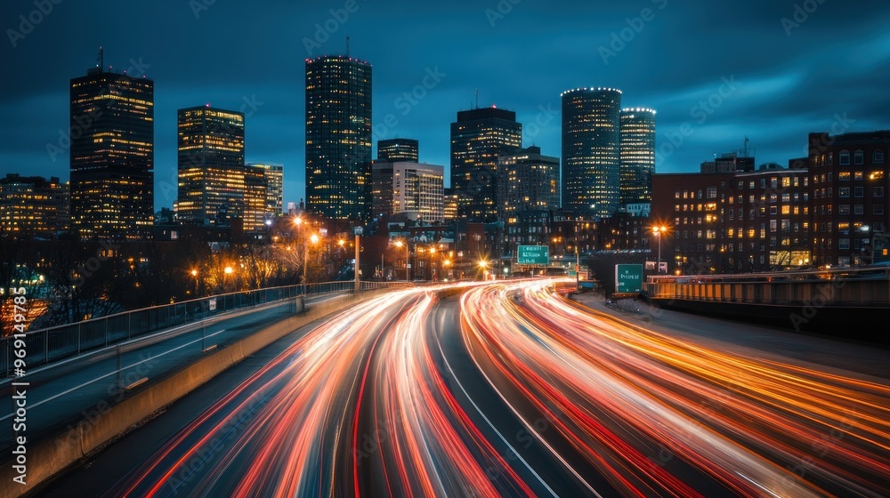 Fototapeta premium A vibrant cityscape at dusk with light trails from moving vehicles and illuminated buildings.