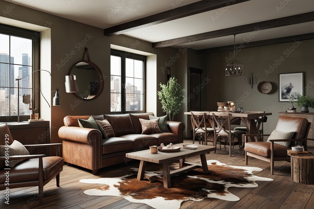 Fototapeta premium 3D Visualization of Cozy Rustic Living Room Featuring Leather Sofa Wooden Coffee Table and Animal Skin Rug