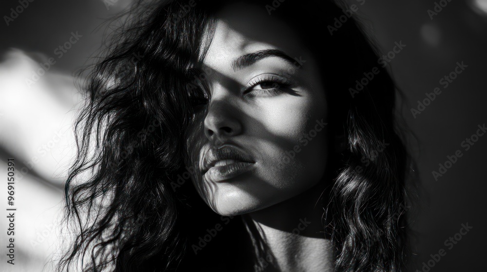 A monochrome portrait highlighting facial features and shadows. A monochrome portrait highlighting facial features and shadows.
