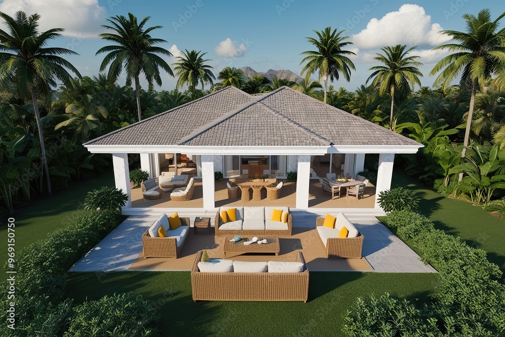 Fototapeta premium 3D Aerial Visualization of Villa Living Area Featuring Wicker Furniture and Lush Greenery in a Serene Digital Environment