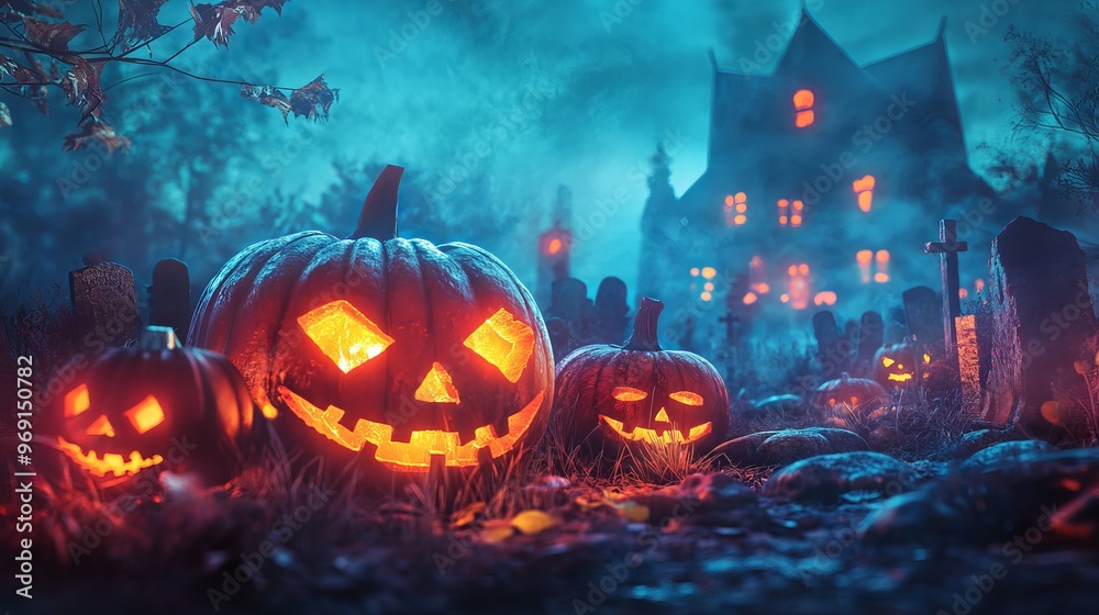 Fototapeta premium Spooky halloween night with jack o' lanterns glowing in a dark graveyard, surrounded by eerie shadows and full moon, perfect for festive holiday backdrops, haunted themes, and horror-themed designs