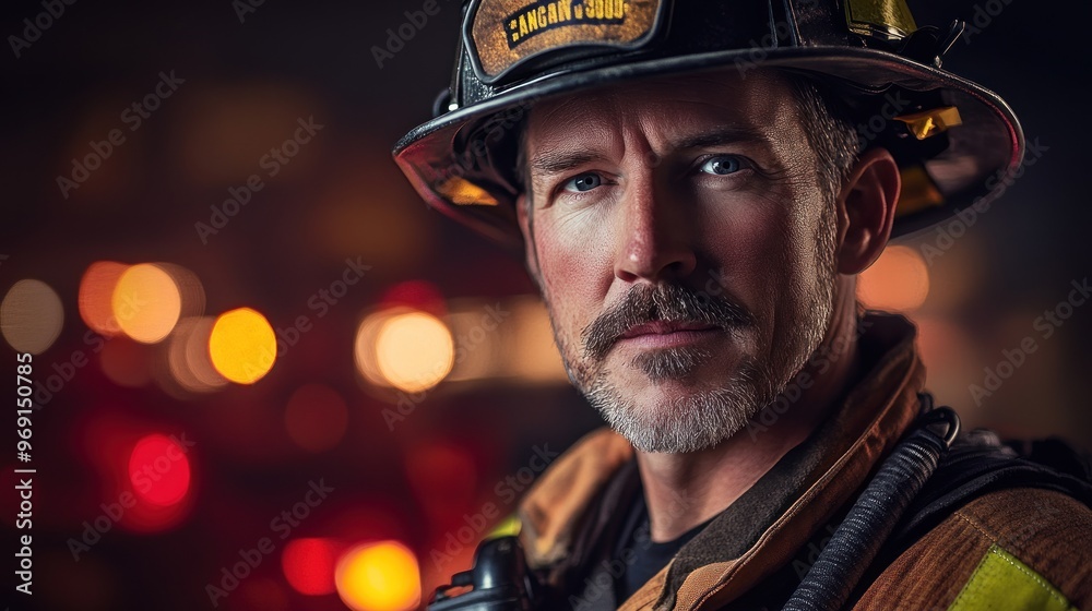 A close-up portrait of a firefighter in uniform, showcasing determination and bravery. A close-up portrait of a firefighter in uniform, showcasing determination and bravery.