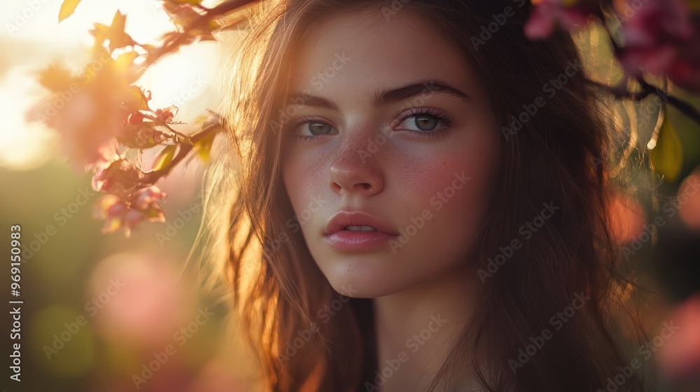 A close-up portrait of a young woman surrounded by blooming flowers in soft sunlight. A close-up portrait of a young woman surrounded by blooming flowers in soft sunlight.