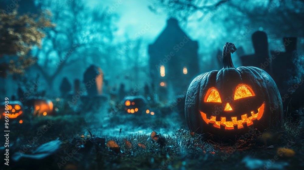 Fototapeta premium Spooky halloween night with jack o' lanterns glowing in a dark graveyard, surrounded by eerie shadows and full moon, perfect for festive holiday backdrops, haunted themes, and horror-themed designs