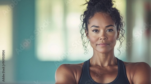 A confident woman in athletic wear, showcasing strength and determination in a fitness environment.