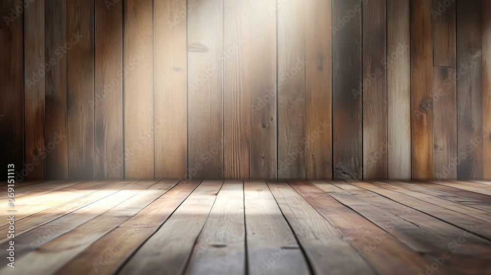 Rustic wooden floor and wall illuminated by soft, natural light, creating a warm and inviting atmosphere, Ideal for backgrounds, product displays, or interior design visuals,