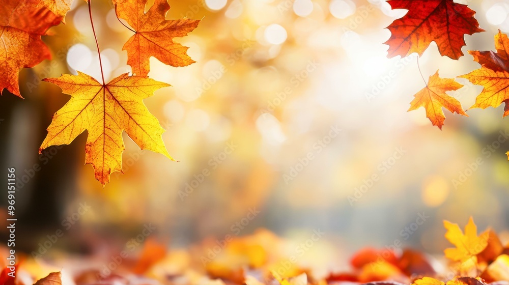 Autumn leaves in vivid shades of orange and red hang in the foreground with a soft, bokeh background, capturing the essence of fall, Perfect for seasonal promotions, nature backgrounds