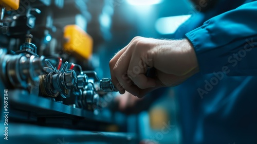 A person adjusts machinery components, highlighting precision and technical skills, ideal for illustrating industrial maintenance, engineering projects, or manufacturing processes,