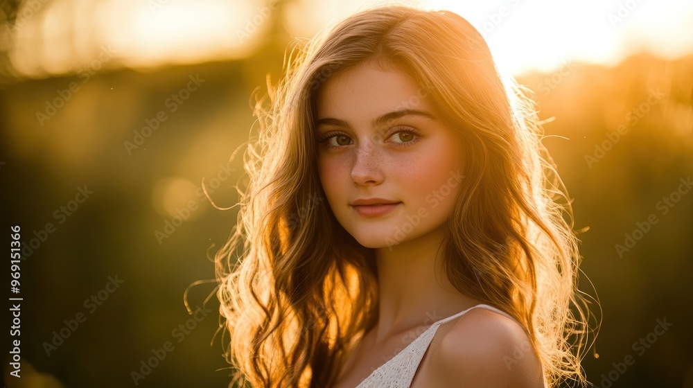A young woman with wavy hair poses softly against a warm, glowing sunset background. A young woman with wavy hair poses softly against a warm, glowing sunset background.
