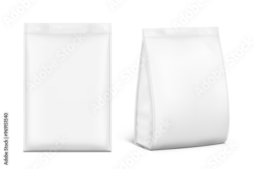 Realistic food snack bag isolated on white background. Front and half side view. Vector illustration. Can be use for template your design, presentation, promo, ad. EPS 10.