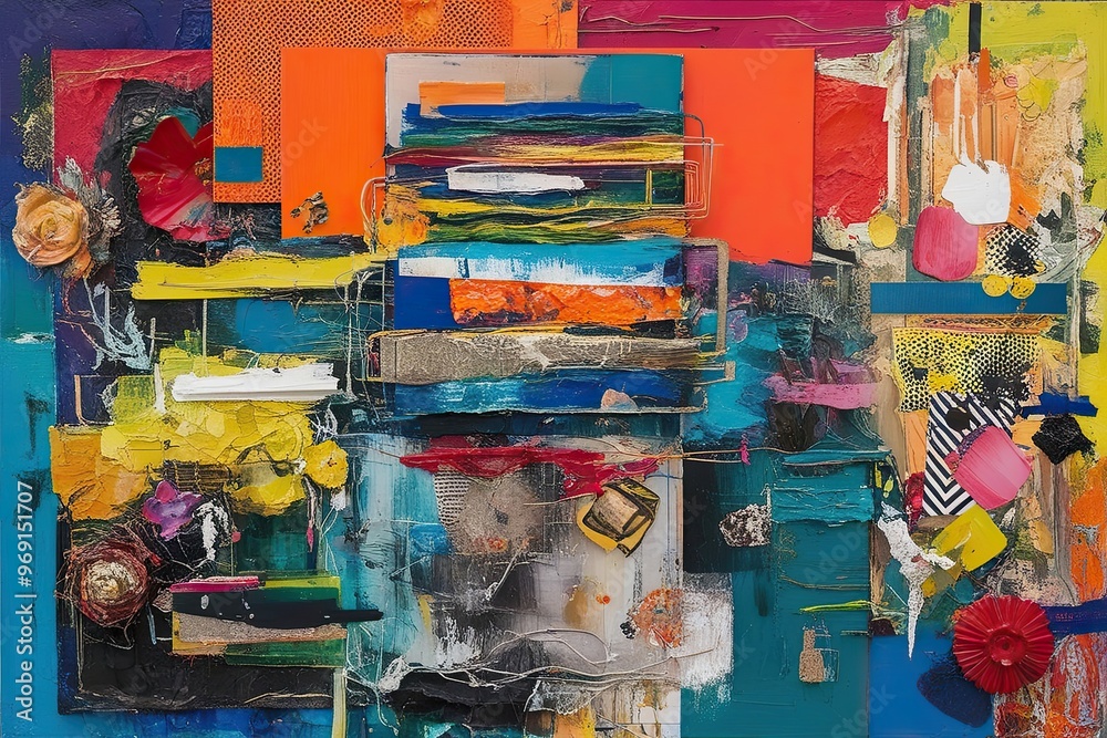 Fototapeta premium Dynamic Mixed Media Art with Bold Colors Layers Textures and Graphic Elements in a Vibrant Palette