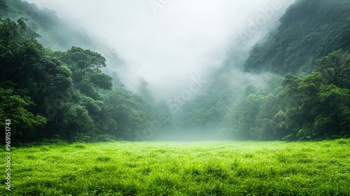 A lush green field surrounded by misty forested mountains, ideal for nature, tranquility, or travel-related themes, photo