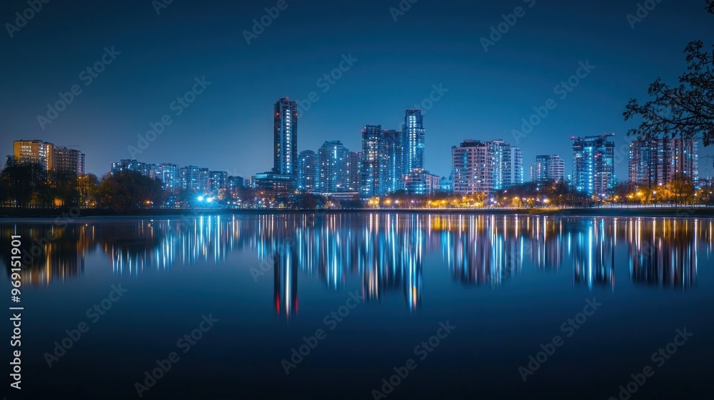 Fototapeta premium Night cityscape reflecting on water, showcasing urban lights and skyline.