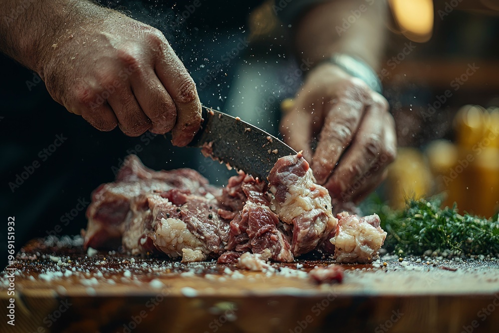 Close-up of a Hand Cutting Raw Meat with a Knife on a Wooden Cutting Board Close-up of a Hand Cutting Raw Meat with a Knife on a Wooden Cutting Board
