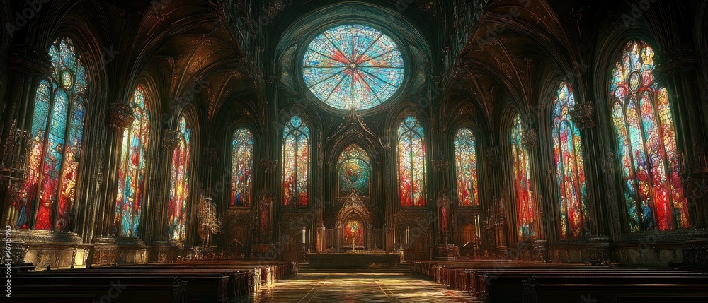Obraz premium A Gothic Cathedral Interior with Stained Glass Windows