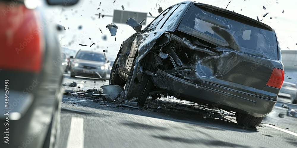 Fototapeta premium A wrecked car on the road with debris scattered around.