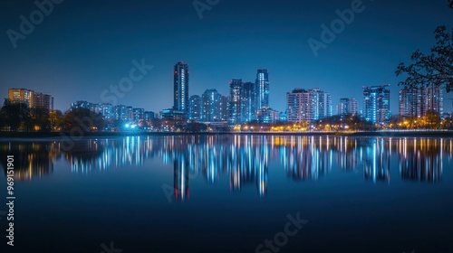 Night cityscape reflecting on water, showcasing urban lights and skyline.