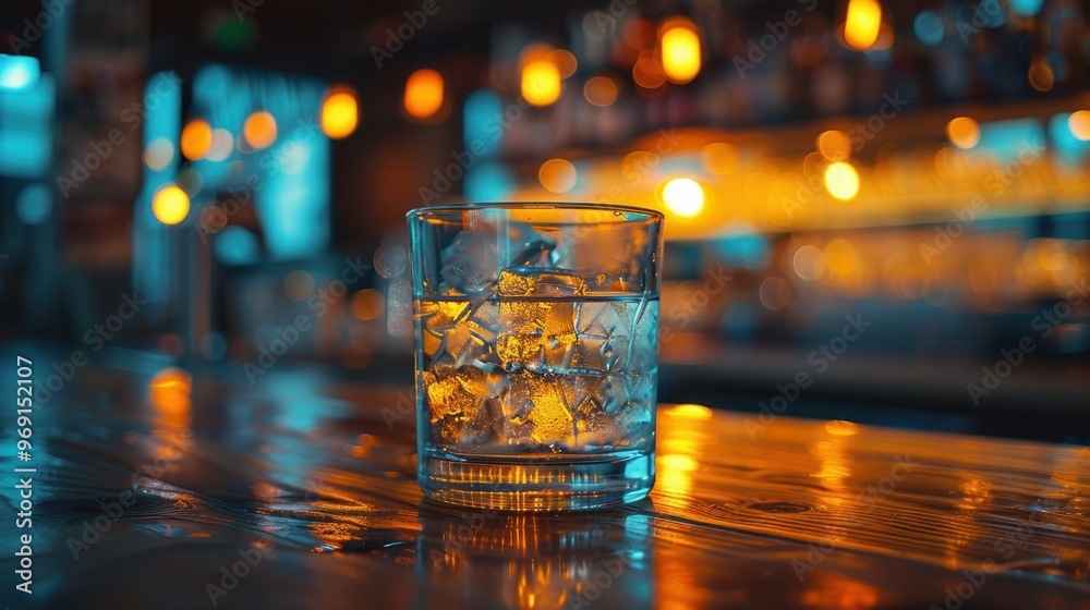 A beautifully crafted beverage with ice in a clear glass sits on a wooden bar counter against the backdrop of a dimly lit, warmly glowing bar atmosphere, creating a cozy ambiance