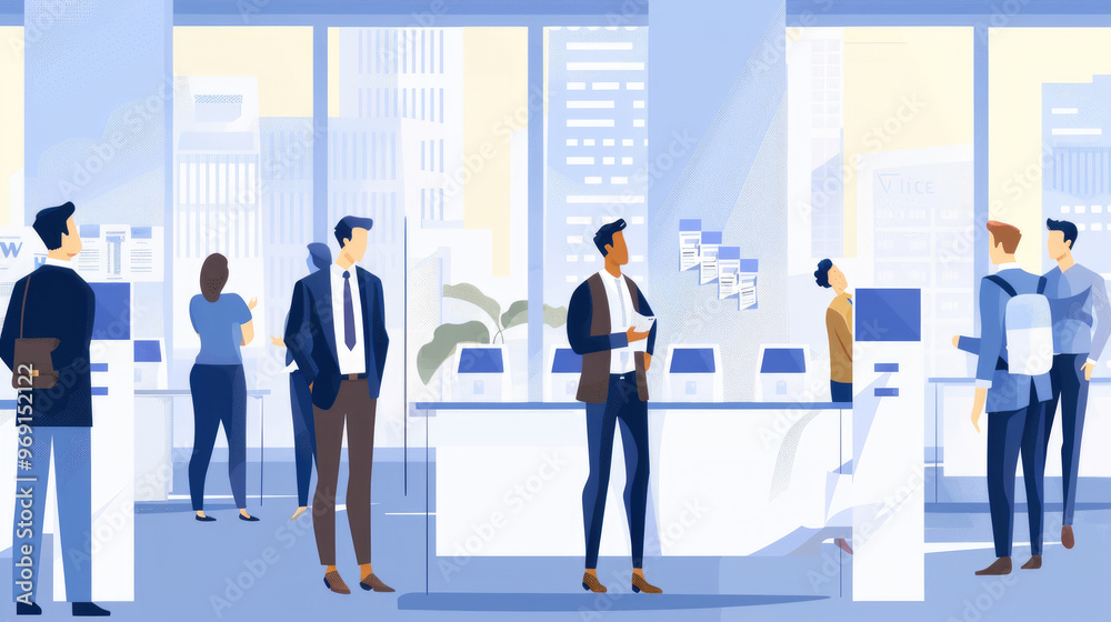 A diverse group of individuals collaborates in a contemporary office setting with large windows displaying a city skyline A diverse group of individuals collaborates in a contemporary office setting with large windows displaying a city skyline