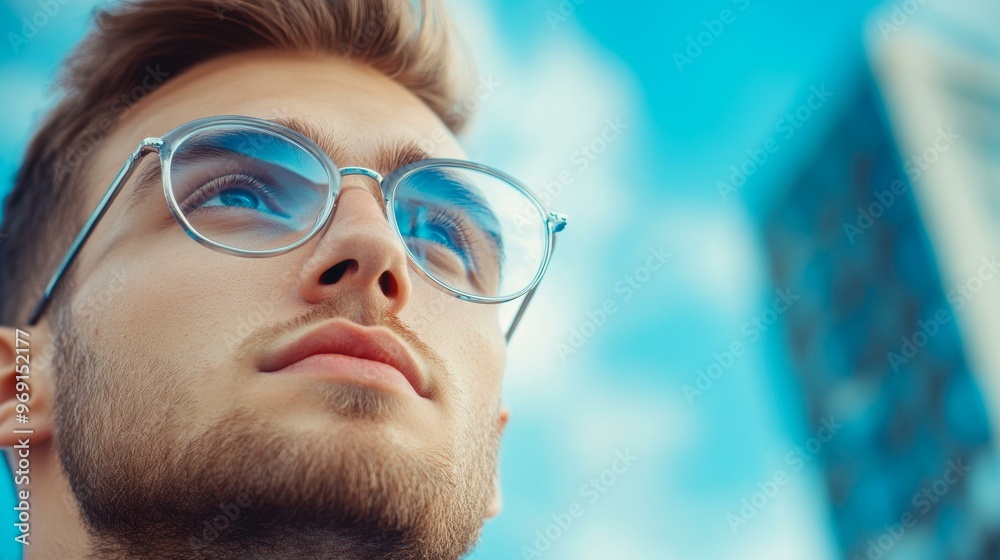 A young man looks up while wearing reflective glasses, capturing a hopeful and aspirational mood under a bright blue sky, Ideal for themes of ambition, vision, future, and inspiration, A young man looks up while wearing reflective glasses, capturing a hopeful and aspirational mood under a bright blue sky, Ideal for themes of ambition, vision, future, and inspiration,