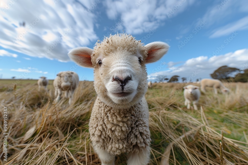 Obraz premium A cute, fuzzy sheep stands adorably in a grassy field under a vibrant blue sky dotted with fluffy clouds, surrounded by fellow sheep, capturing a heartwarming rural scene