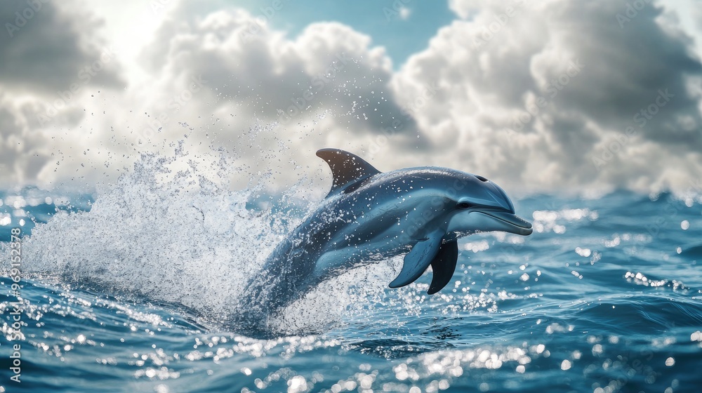 Obraz premium A dolphin creating a splash as it playfully interacts with the water, with a serene ocean horizon and a bright, sunny sky above.