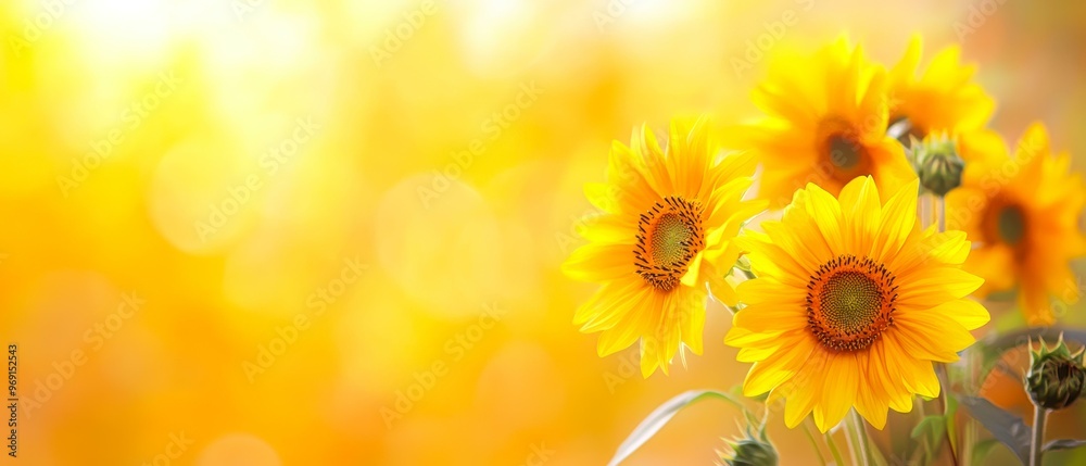 Fototapeta premium Bright yellow sunflowers in full bloom against a soft-focus golden background, perfect for summer-themed designs, advertisements, and greeting cards, evoking warmth and positivity,
