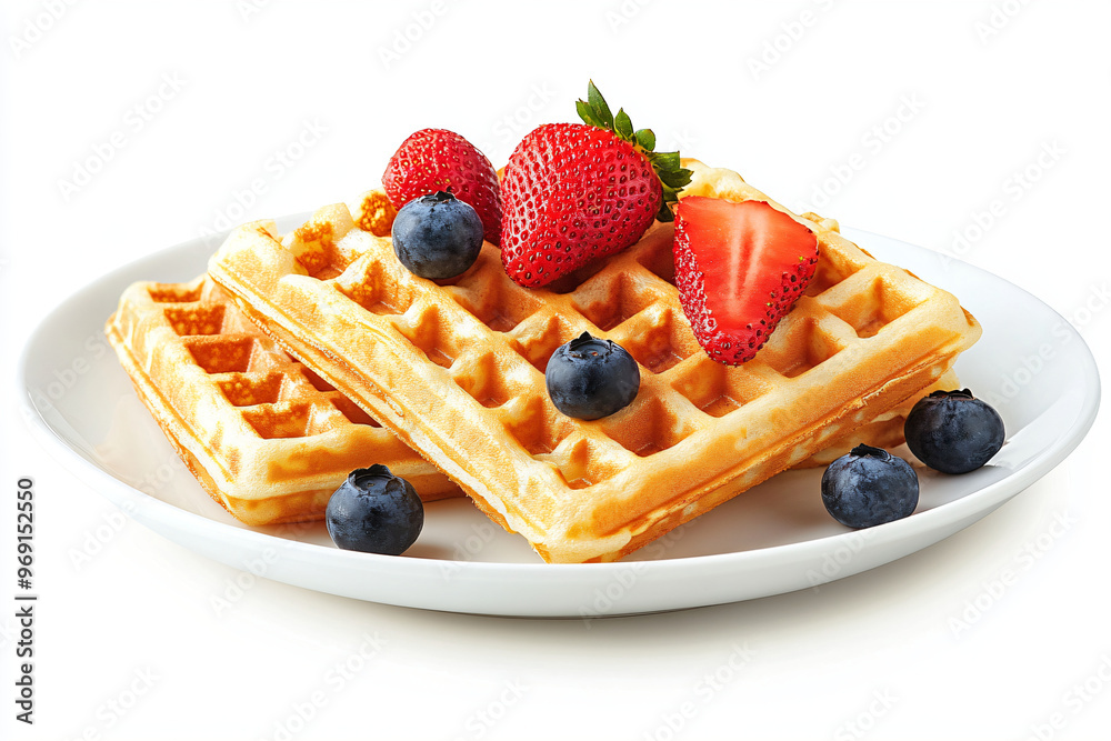 Delicious golden Viennese or Belgian waffles topped with fresh berries and strawberries on plate. Cozy lazy morning homemade recipe baking breakfast. Sweet dessert for restaurant and cafe menu Delicious golden Viennese or Belgian waffles topped with fresh berries and strawberries on plate. Cozy lazy morning homemade recipe baking breakfast. Sweet dessert for restaurant and cafe menu
